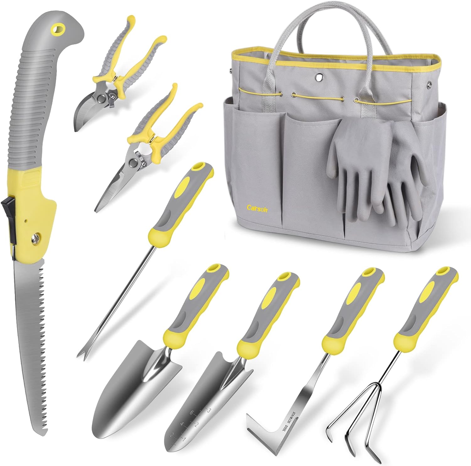 Garden Tool Set, Carsolt 10 Piece Stainless Steel Heavy Duty Gardening Tool Set for Digging Planting Pruning Gardening Kit with Durable Bag Gloves Gift Box Ideal Garden Gifts for Women Men