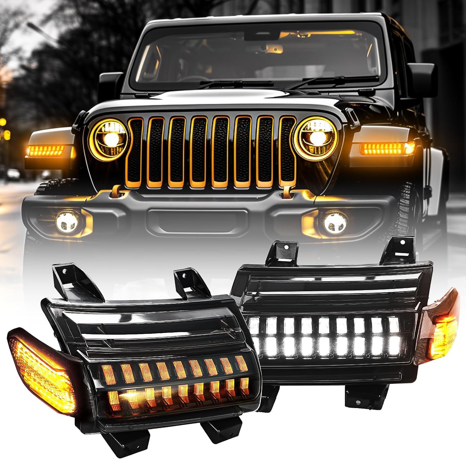 LX-LIGHT New Upgrade Smoke LED Turn Signal Lights with DRL & Side Marker Lights Replacement for Jeep Wrangler JL Sahara, Rubicon, High Altitude models 2018-2023