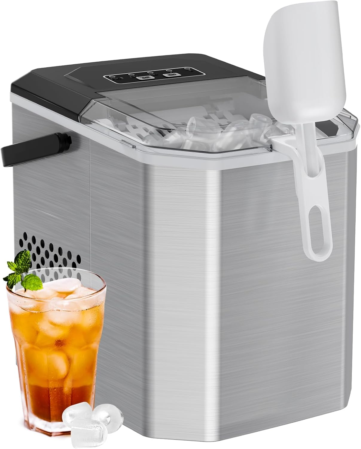 Silonn Stainless Steel Ice Maker Countertop, Stainless Steel Portable Ice Machine with Carry Handle, Self-Cleaning Ice Makers with Basket and Scoop, 9 Cubes in 6 Mins, 26 lbs per Day