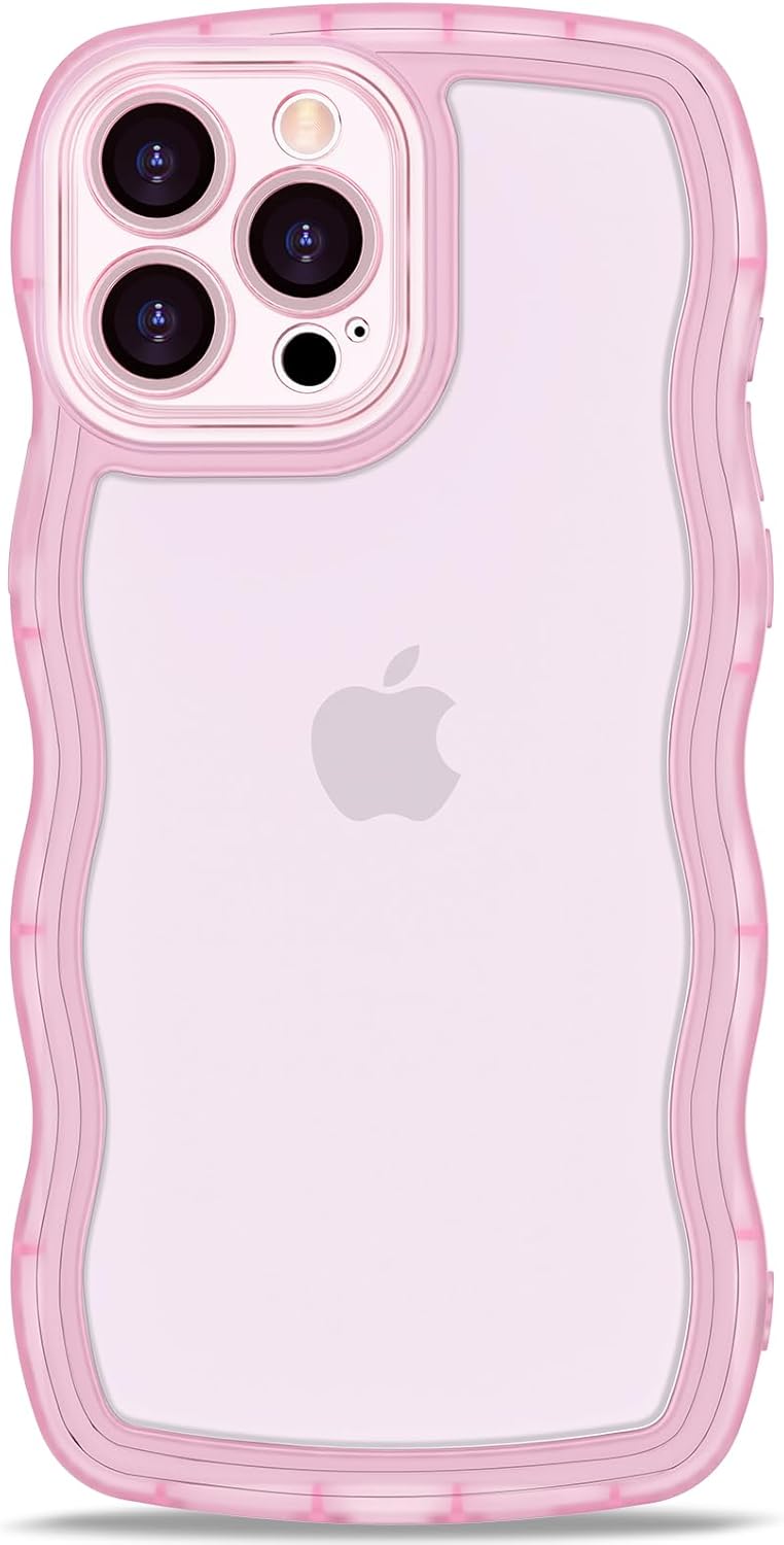 Anuck for iPhone 15 Pro Max Case Wavy Edge Clear Back Design, Anti-slip Grip Cute Wave Curly Frame Shape Shockproof Soft TPU & Hard Bumper Protective Phone Case Cover for Women Girls, Clear Pink