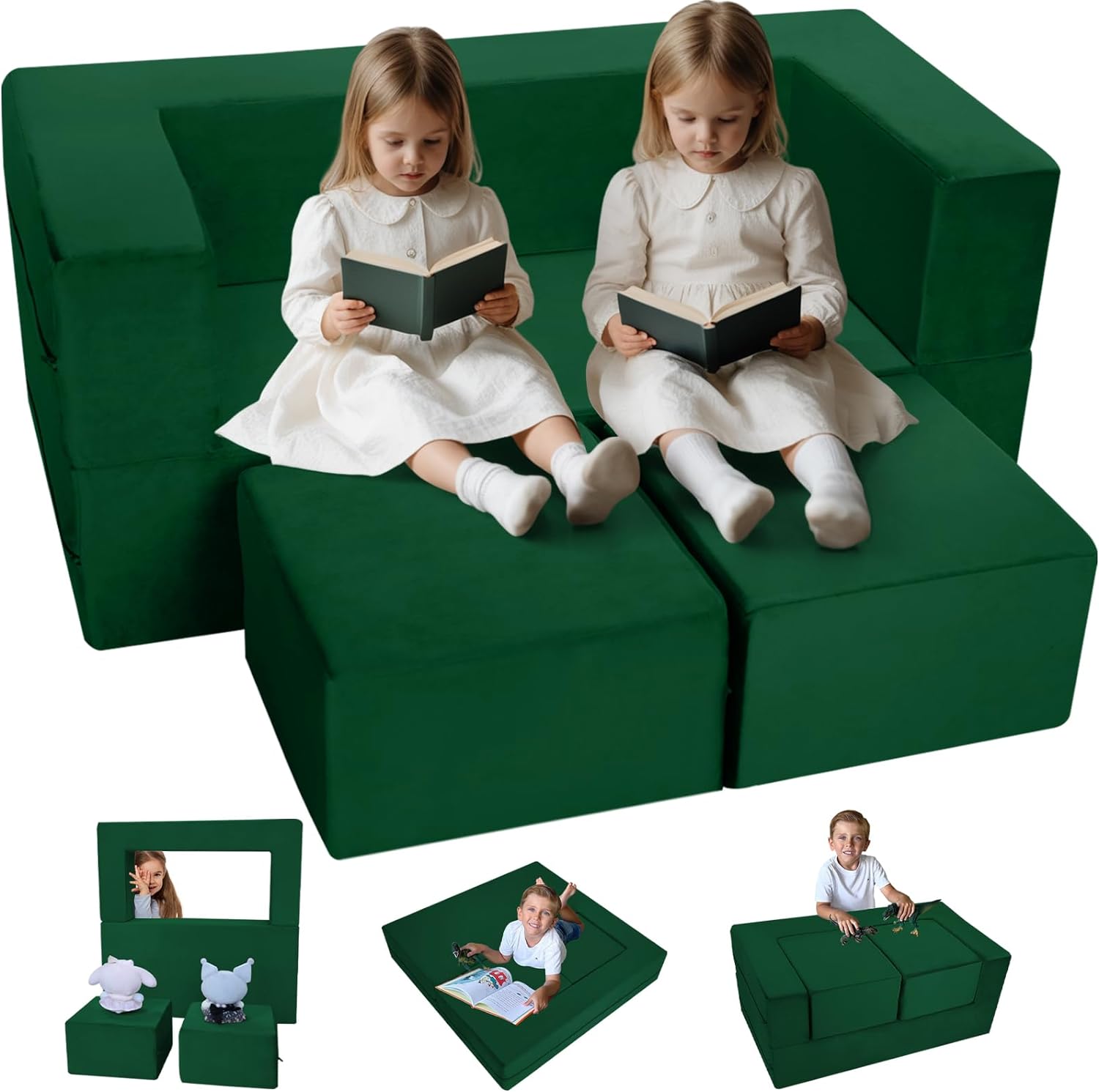 MeMoreCool Modular Kids Sofa,Toddler Play Couch Fold Out for Playroom, Green Convertible Plush Foam Chair for Childrens