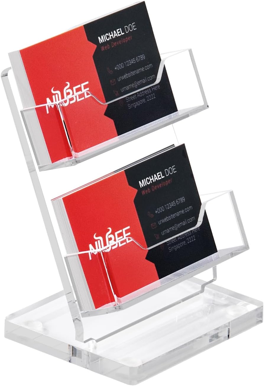 NIUBEE Acrylic Business Card Holder for Desk 2 Tier Clear Business Card Stand, Business Card Display for Office Exhibition, 130 Cards Capacity, 2 Slots