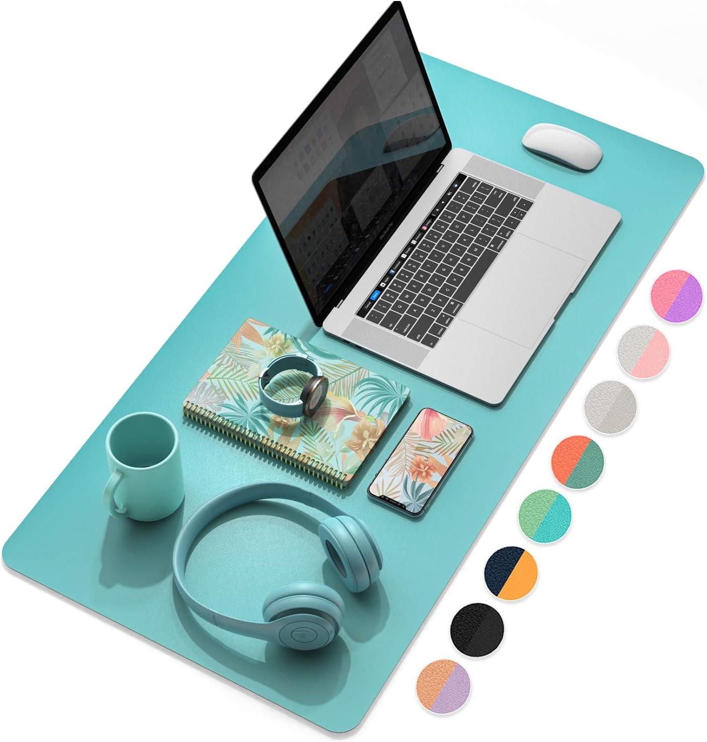YSAGi Desk Pad, Desk Mat, 31.5" x 15.7" Laptop Leather Desk Pad Protector, Large Leather Desk Blotter for Keyboard and Mouse, Waterproof Desk Writing Pad for Office(Calamine Blue+Cobalt Green)