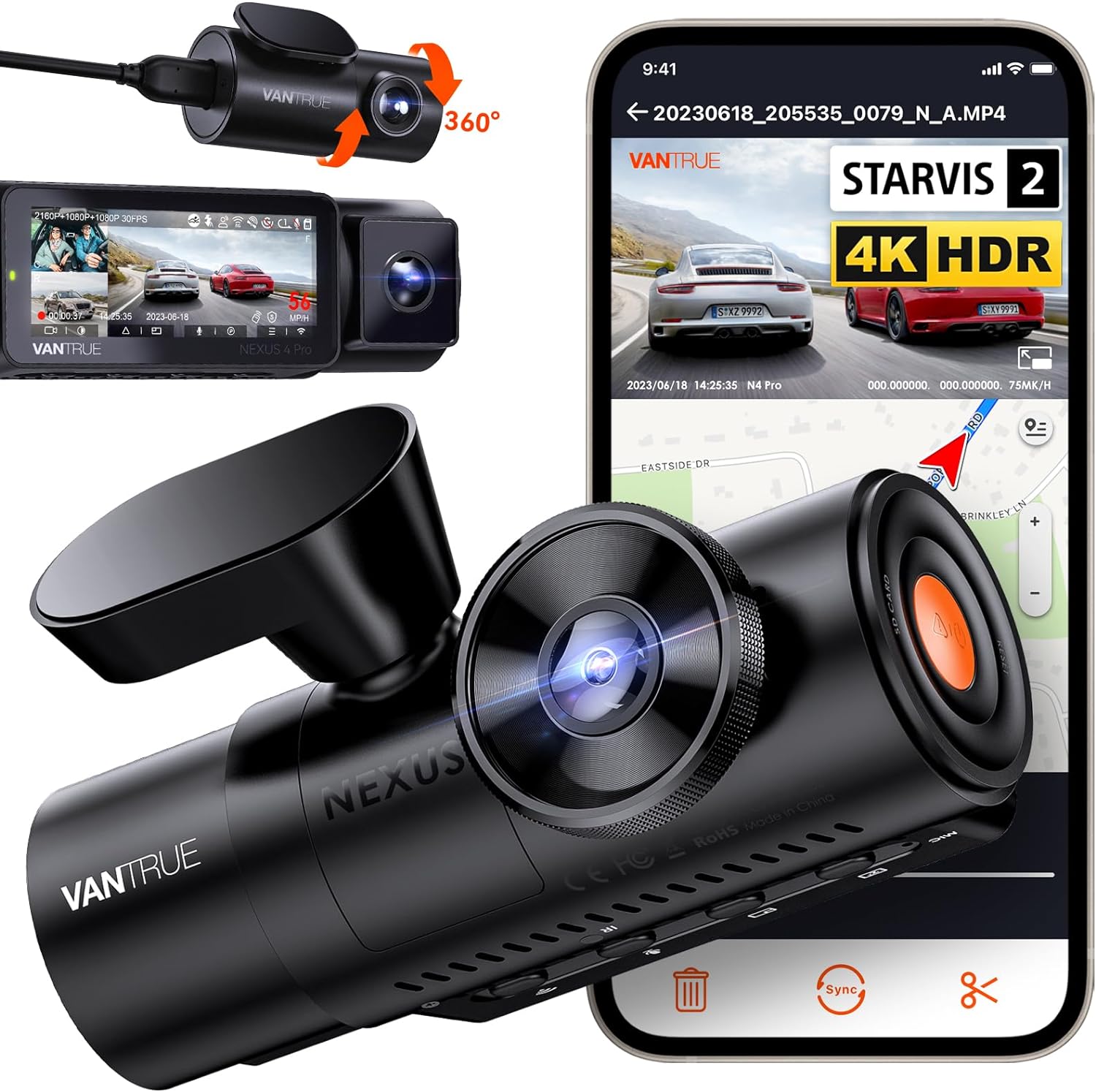 Vantrue N4 Pro 3 Channel 4K WiFi Dash Cam, STARVIS 2 IMX678 Night Vision, 4K 1080P 1080P Front Inside and Rear Triple Car Camera, Voice Control, GPS, 4K HDR, 24 Hours Parking Mode, Support 512GB Max