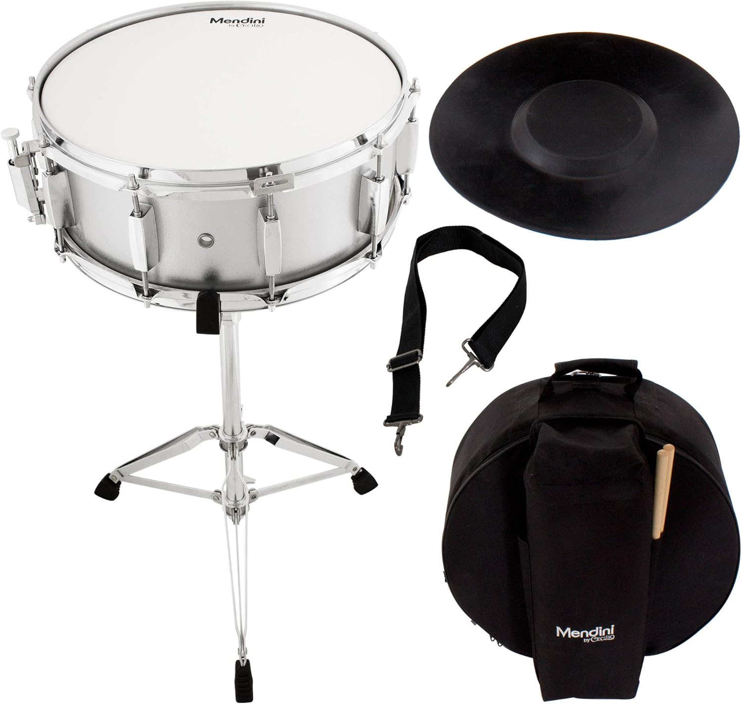 Mendini Student Snare Drum Set with Gig Bag, Sticks, Stand and Practice Pad Kit, Silver, MSN-1455P-SR