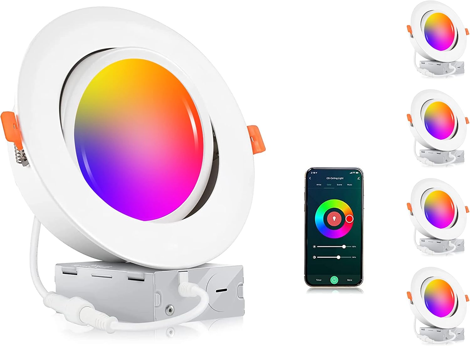 CLOUDY BAY [4 Pack] 6 inch Gimbal Smart Wifi LED Recessed Lights,RGBCW Color Changing,Compatible with Alexa and Google Home Assistant,No Hub Required,15W 2700K-6500K, IC Rated