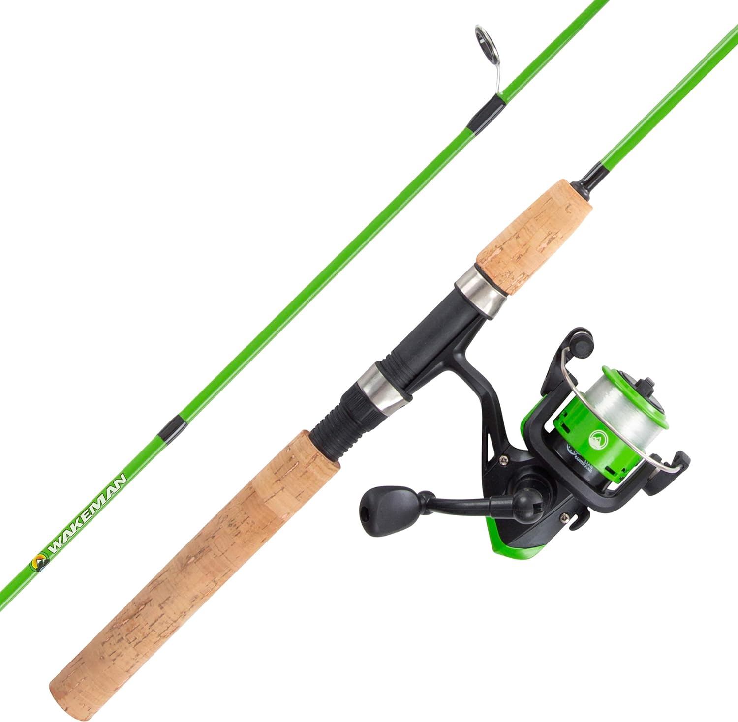 Fishing Rod and Reel Combo - Kettle Series 5' Fiberglass Pole with Spinning Reel, Cork Handle, and Beginners Tackle Kit by Wakeman (Green)