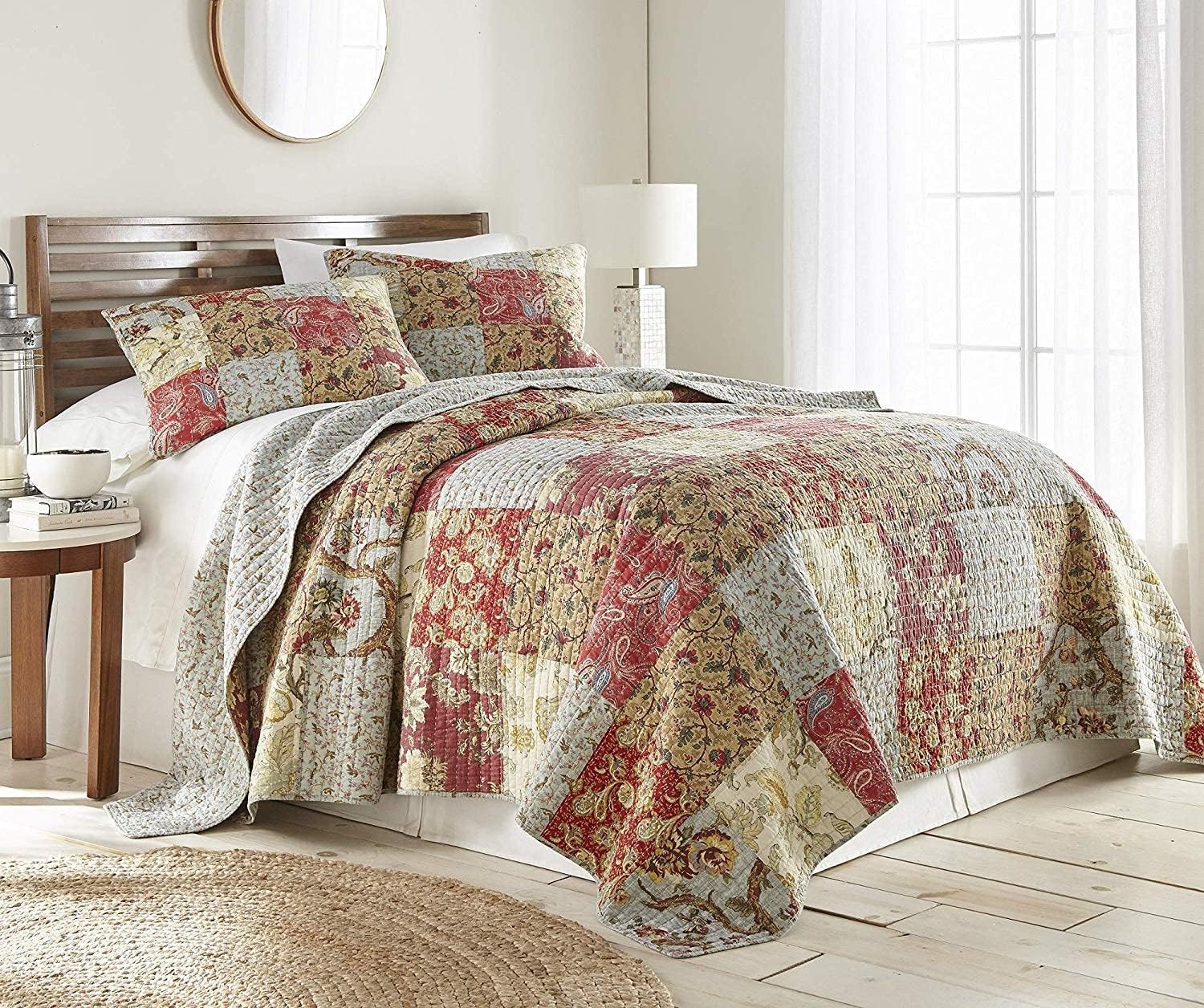 Chezmoi Collection Leslie 3-Piece Floral Patchwork Pre-Washed 100% Cotton Quilt Set, Queen