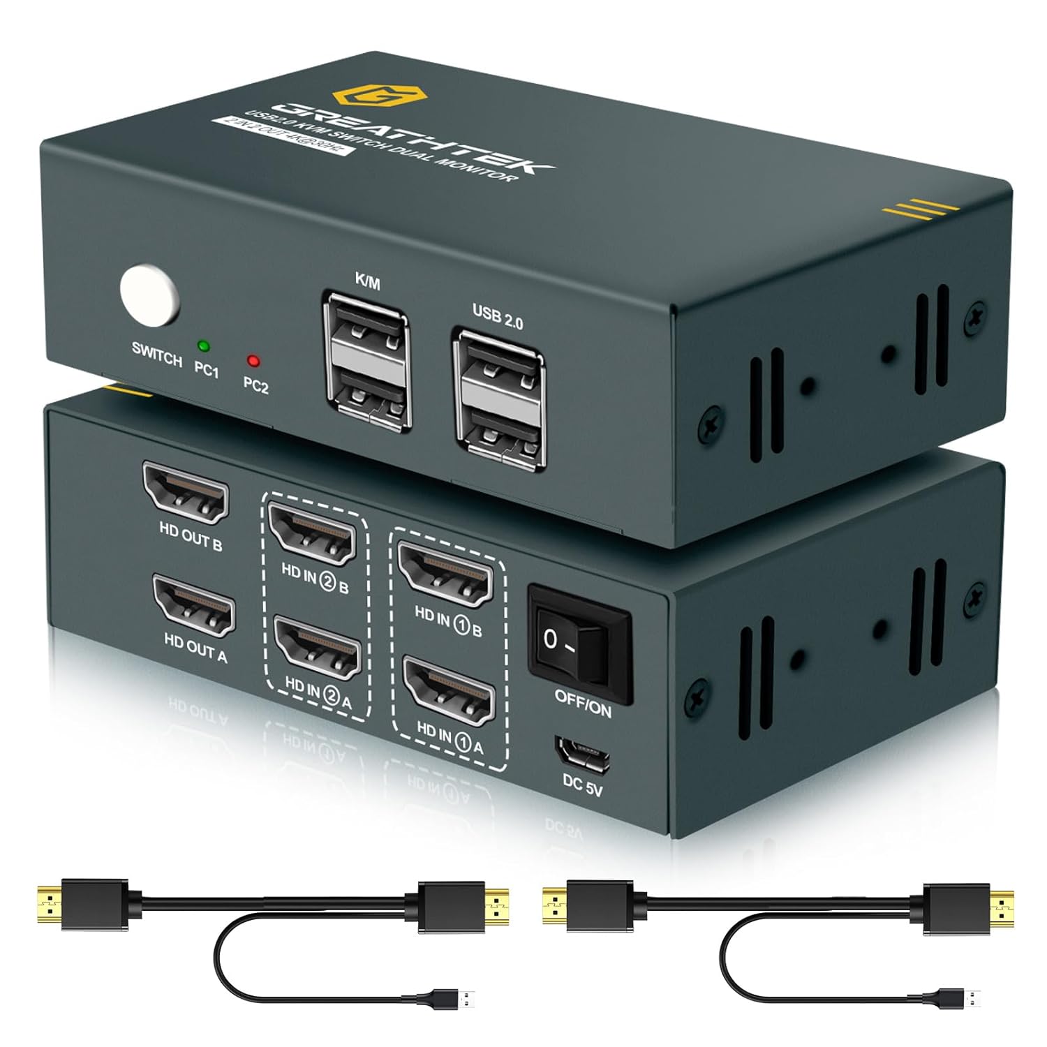 HDMI KVM Switch 2 Monitors 2 Computers 4K@30Hz, Dual Monitor KVM Switch 2 PCs Share Keyboard & Mouse, KVM Switches 2 Port Support Hotkey Switch, with USB 2.0 Ports and HDMI USB Cable