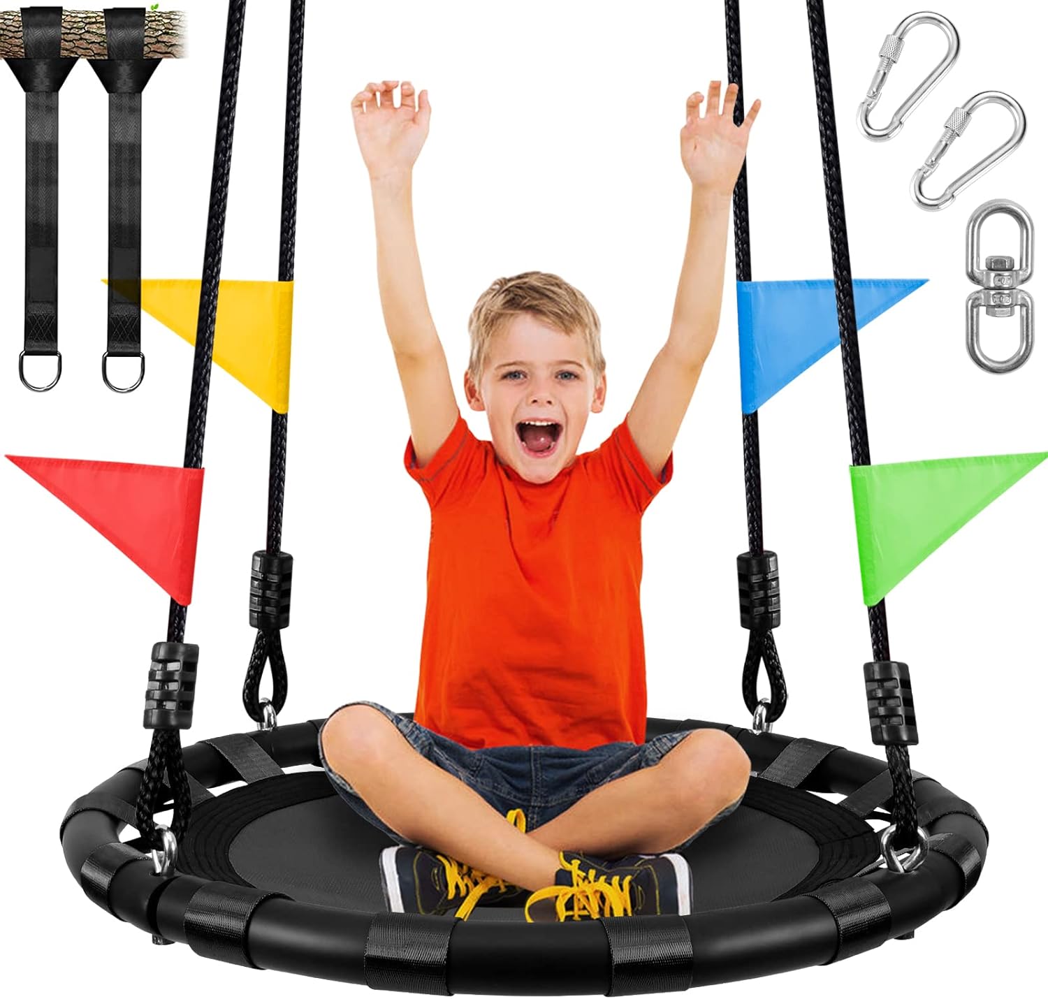 Odoland 24 inch Kids Tree Swing, Outdoor Small Saucer Swing - 900D Waterproof Oxford Swing, Backyard Round Flying Swing with Adjustable Hanging Ropes Hanging Straps and Turnbuckle Black