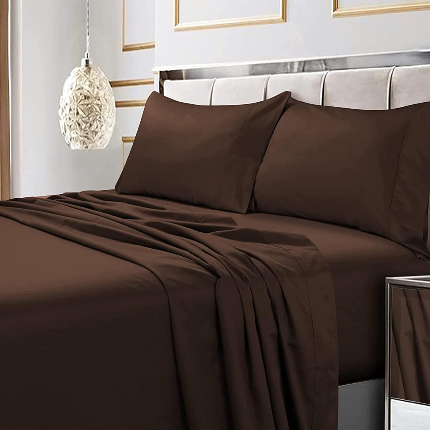 Tribeca Living Soft Egyptian Cotton Sateen Solid Pillowcase Set Extra Deep Pocket, 600 Thread Count, Bed Sheet, Cal King, Chocolate