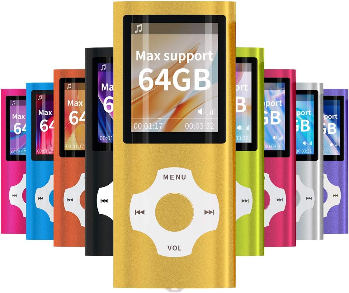 Mymahdi MP3/MP4 Portable Player, 1.8 Inch LCD Screen and Card Slot,Max Support 64GB TF Card, Gold