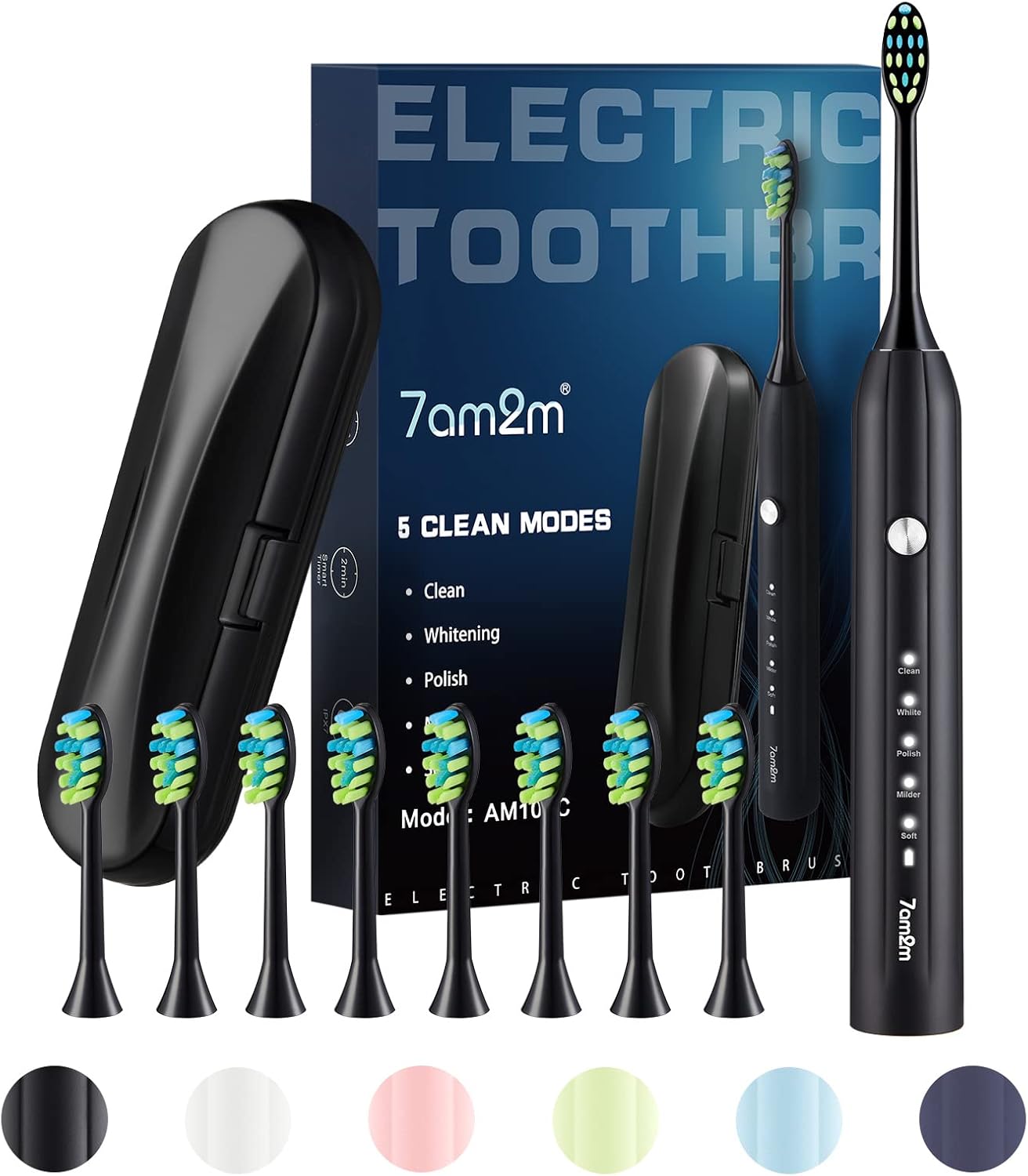 7AM2M Sonic Electric Toothbrush for Adults and Kids, with 6 Brush Heads, 5 Modes with 2 Minutes Build in Smart Timer, Roman Column Handle Design (Black, with Travel Case)