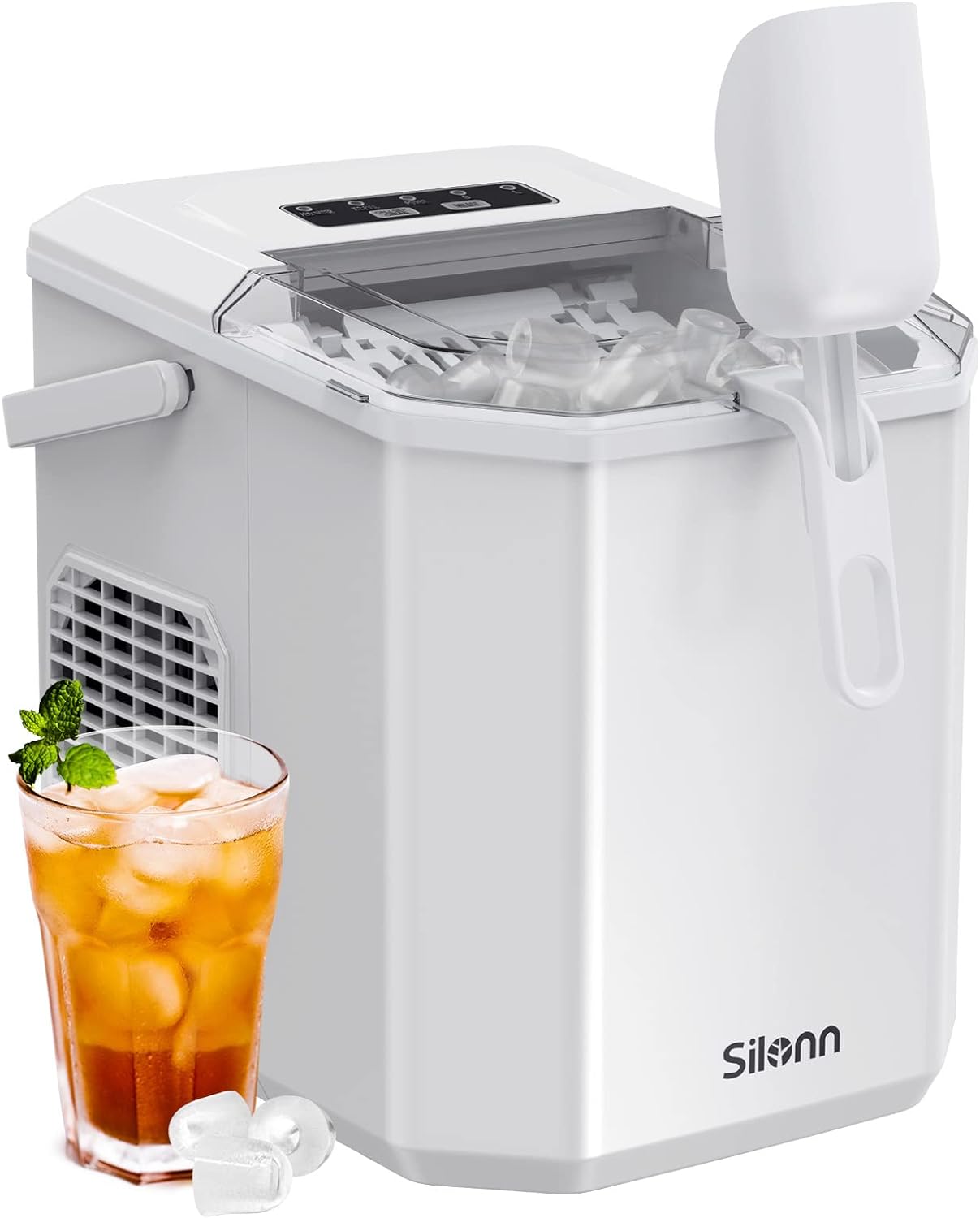 Silonn Ice Maker Countertop, Portable Ice Machine with Carry Handle, Self-Cleaning Ice Makers with Basket and Scoop, 9 Cubes in 6 Mins, 26 lbs per Day, Ideal for Home, Kitchen, Camping, RV