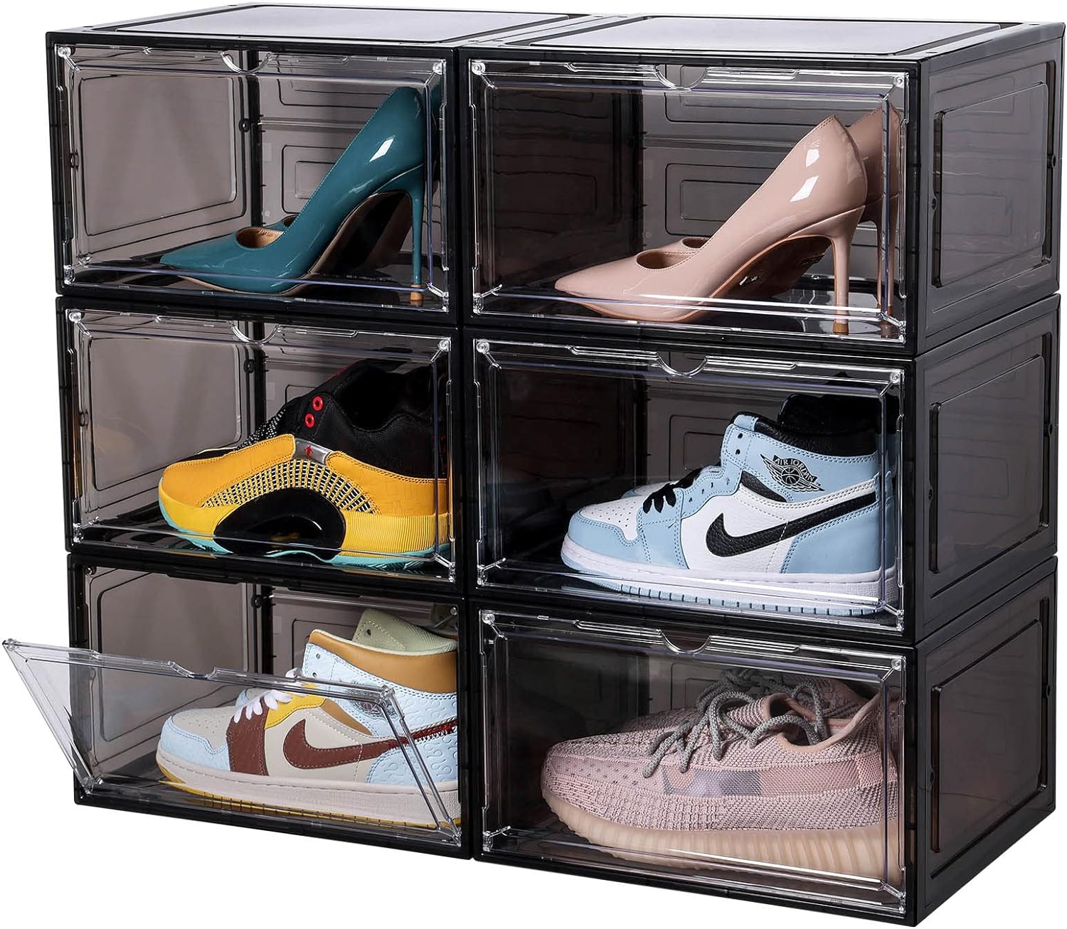 Attelite Large Clear Shoe Box Storage Organizer Plastic Stackable Shoe Containers with Magnetic Door, Side Open Shoe Storage Box for Display Sneakers, Easy AssemblyBlack