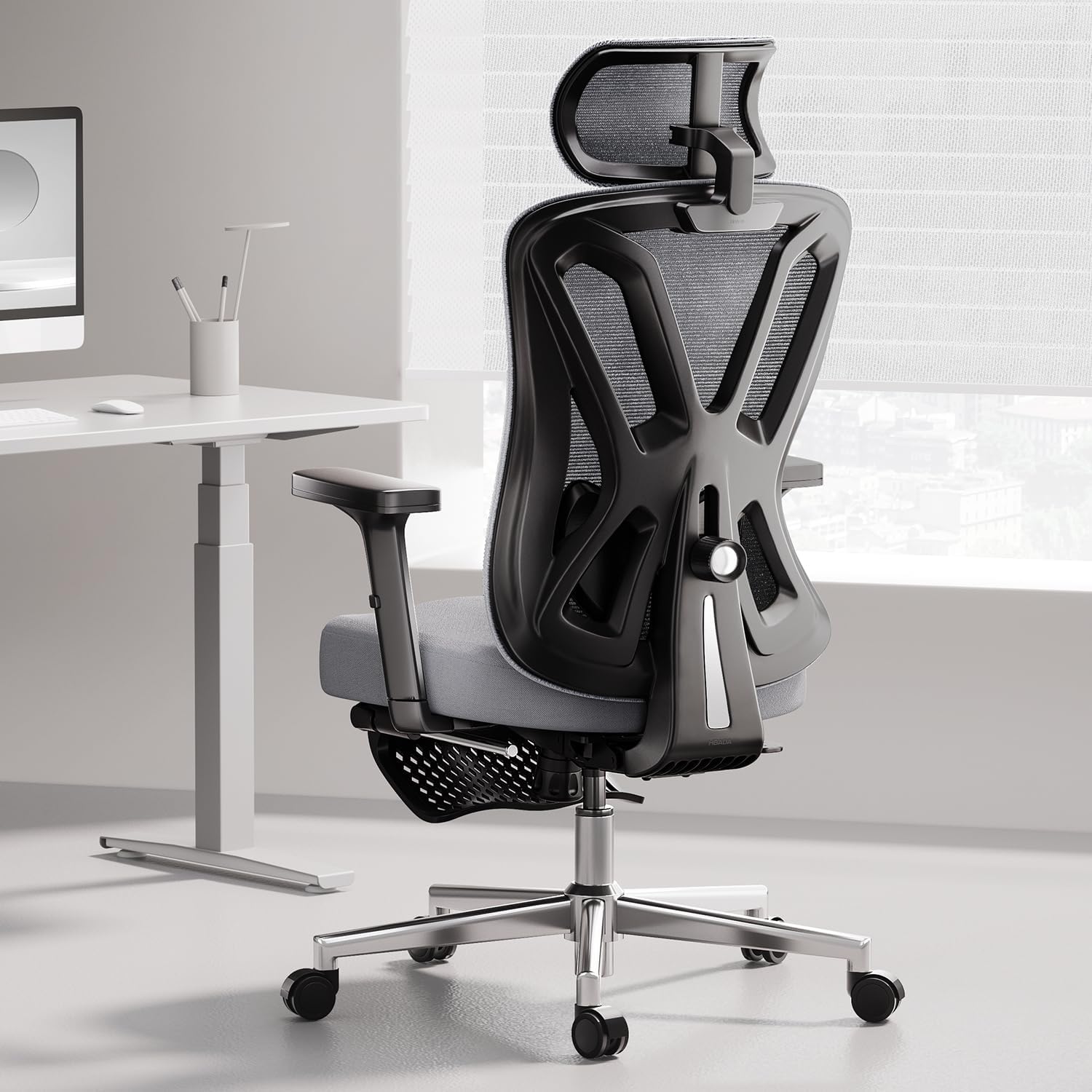 Hbada Ergonomic Office Chair, Desk Chair with Adjustable Lumbar Support and Height, Comfortable Mesh Computer Chair with Footrest 2D Headrest, Swivel Tilt Function Grey