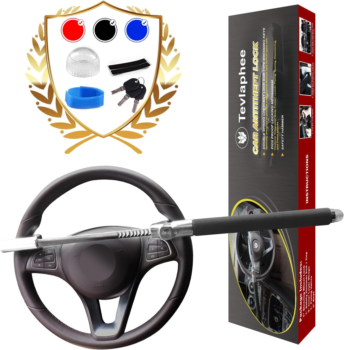 Tevlaphee Steering Wheel Lock Anti Theft Car Device Universal Theft Prevention Car Lock Adjustable Double Hook Emergency Hammer Window Breaker Self Defense Heavy Duty Secure (Black)