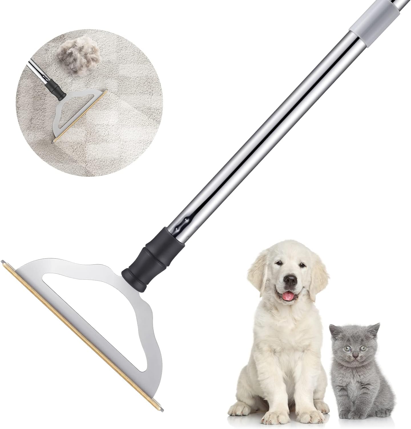 47 Adjustable Long Handle Carpet Rake Pet Hair Remover, Reusable Large Metal Lint Remover Brush for Embedded Fur Removal from Low Pile Rugs Stairs, Carpet Brush Scraper Dog Cat Hair Remover Broom