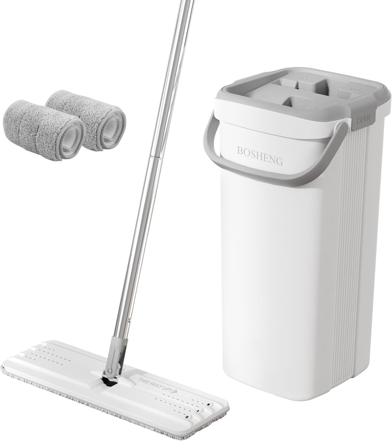 Mop and Bucket with Wringer Set, Flat Floor Mop and Bucket, with Long Handle and 2 Microfiber Reuseable Pads, Wet and Dry Use for Household Cleaning and Floor Cleaning