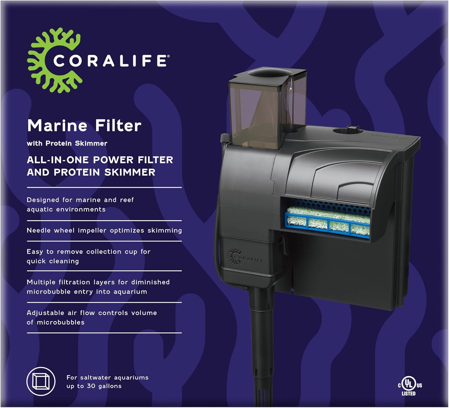 Coralife Aquarium Fish Tank Marine Salt Water Filter And Protein Skimmer, Up to 30 Gallons