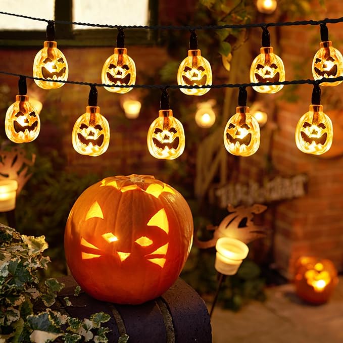 Vigdur 2 Pack Halloween Pumpkin Lights - 3D Orange Jack-O-Lantern 20 LED Battery Operated String Lights for Indoor Outdoor Halloween Party Bedroom Home Holiday Decor