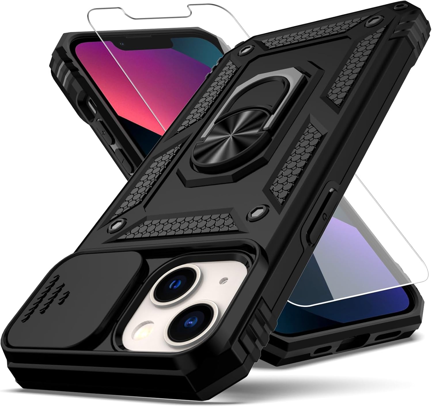 for iPhone 13 Case,with Camera Lens Cover HD Screen Protector,[Military Grade] Ring Car Mount Kickstand Hybrid Hard PC Soft TPU Shockproof Protective Case for iPhone 13-Black