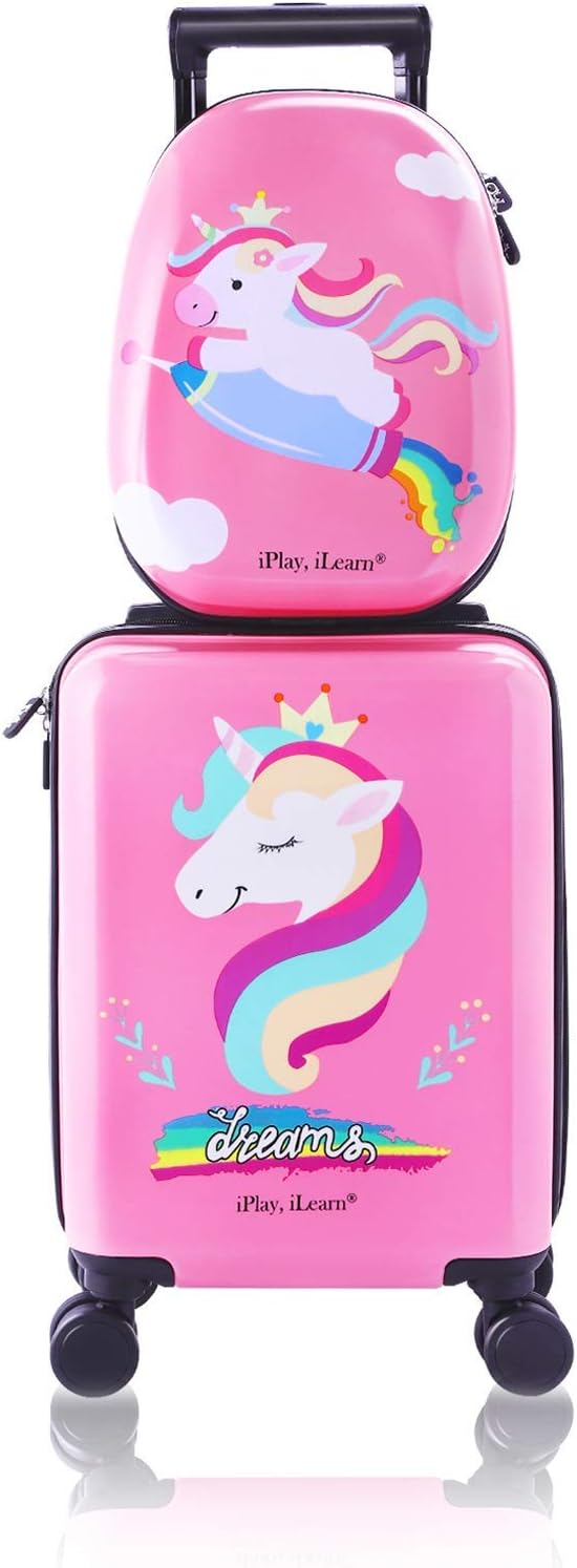 iPlay, iLearn Unicorn Kids Luggage, Girls Carry on Suitcase W/ 4 Spinner Wheels, Pink Travel Luggage Set W/Backpack, Trolley Luggage for Children Toddlers