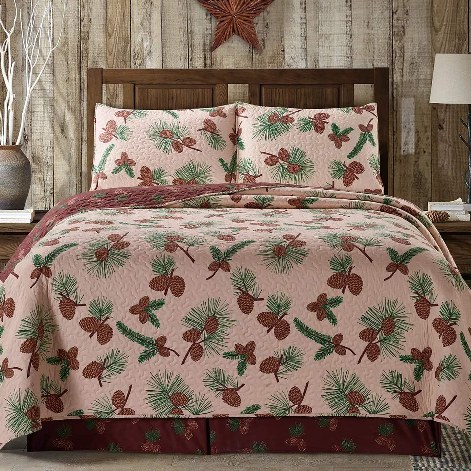Virah Bella 3 Piece King Cabin Quilt Bedding Set - Forest Pines - Rustic Country Reversible Patchwork Comforter Set with Decorative Pillow Shams