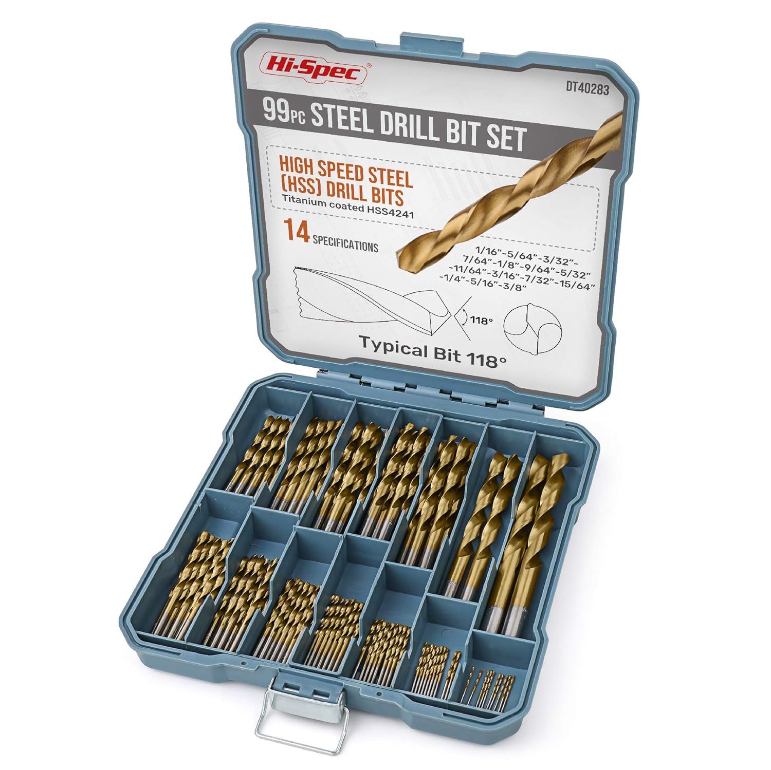 Hi-Spec 99pc Drill Bit Set SAE HSS Steel for Drill Drivers - 1/16 to 3/8 Size Drill Bits for Metal, Plastics, Wood, Drywall - Complete Drill Bit Kit in Storage Holder Case