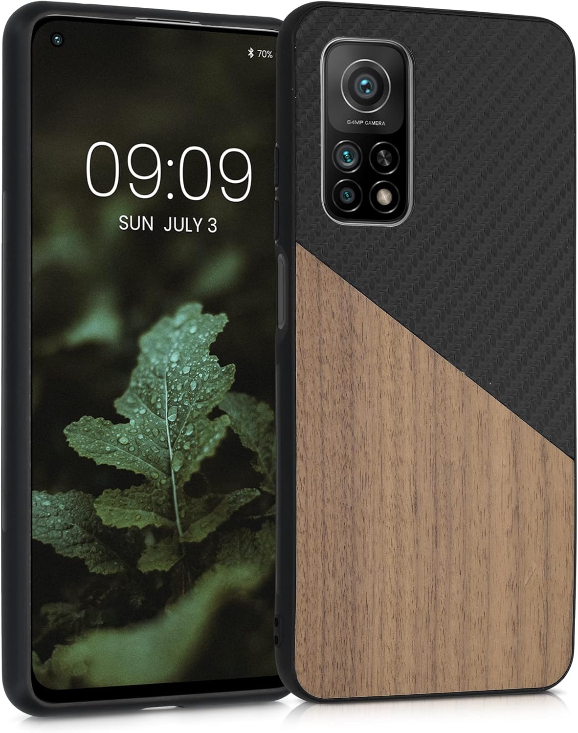 kwmobile Case Compatible with Xiaomi Mi 10T / Mi 10T Pro - Hard Phone Cover with TPU Bumper and Wood/Carbon Back - Dark Brown