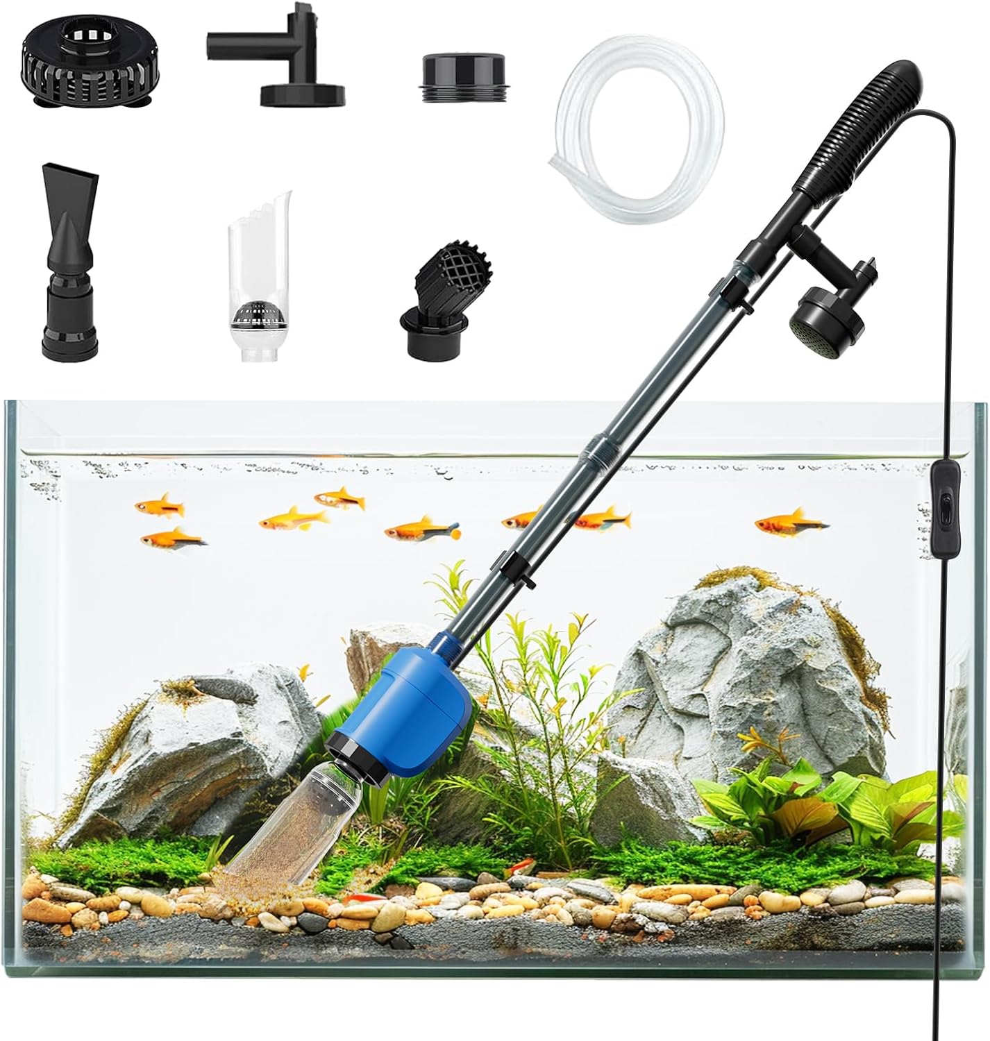 Fish Tank Cleaner,Electric Aquarium Gravel Cleaner, 6 in 1 Fish Tank Cleaning Kit,32W Automatic Aquarium Vacuum Gravel Cleaner Set for Change Water Wash Sand Water Filter and Water Circulation