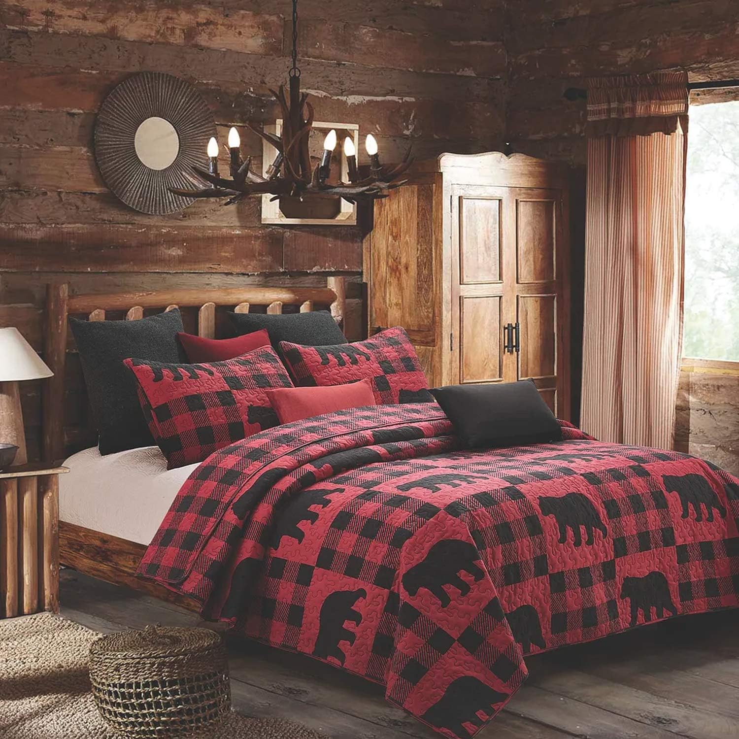 Virah Bella 3 Piece Queen Lodge Quilt Bedding Set - Buffalo Bear Plaid Red - Rustic Cabin Country Reversible Camping Comforter Set with Decorative Pillow Shams, Red/Black