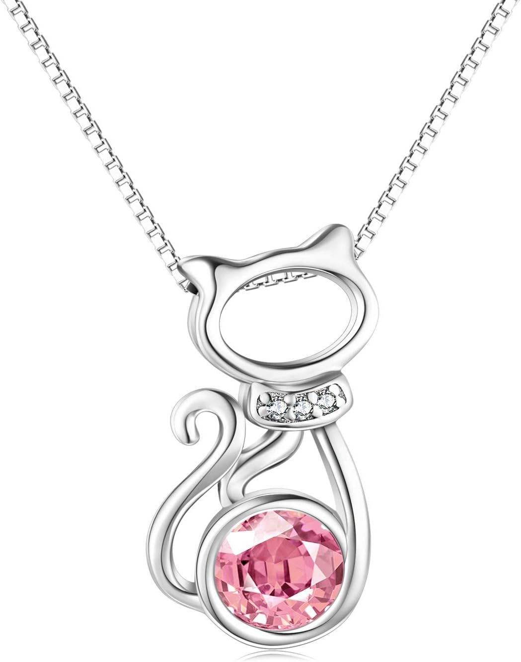 AOBOCO Sterling Silver Cat Pendant Necklace with Birthstone CrystalDainty Jewelry Gifts for Cat Lovers