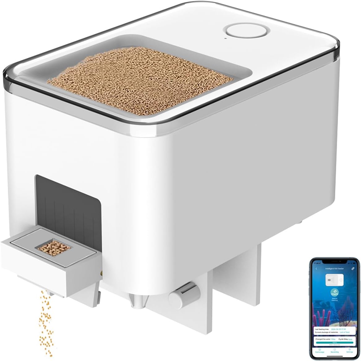 Bluetooth Fish Feeder Automatic Dispenser for Aquarium, Food Dispenser for Fish Tank with App Control, USB Powered for Small Fish Tank Pelleted Food, Electronic Feeders for Animals, White