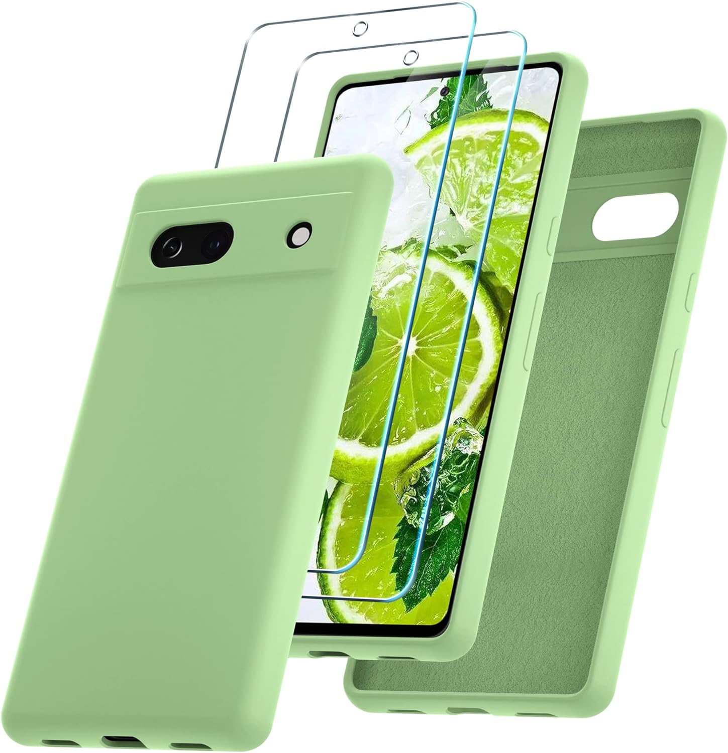 for Google Pixel 8 Case, Silicone Phone Case with 2 Screen Protector, Soft Anti-Scratch Microfiber Lining, Full Body Shockproof Slim Cover Support Wireless Charging, Mint Green