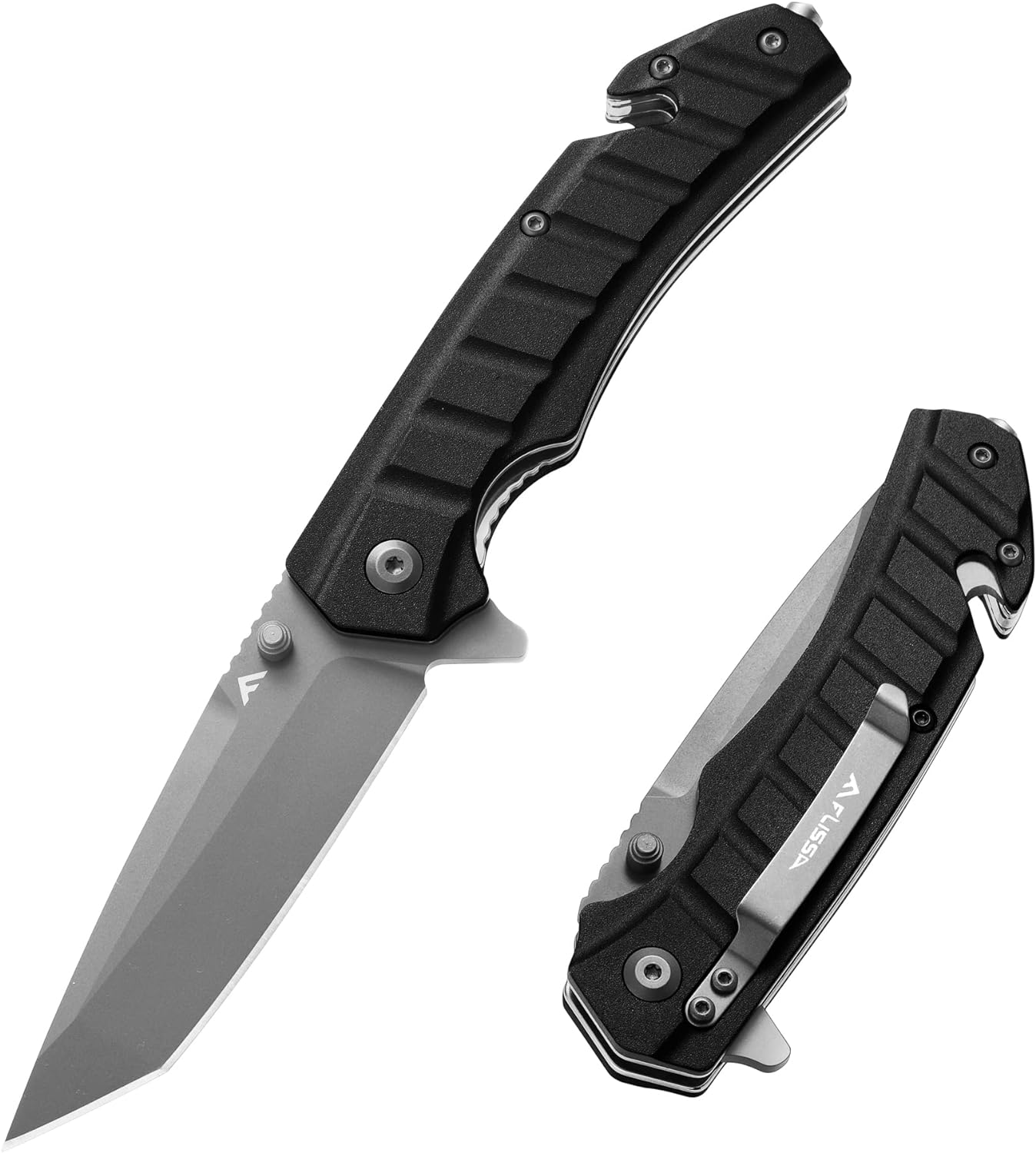 FLISSA Folding Pocket Knife, Tactical Knife with Liner Lock, Tanto Blade, Pocket Clip, Glass Breaker, Seatbelt Cutter, Perfect for Hunting, Camping, Survival