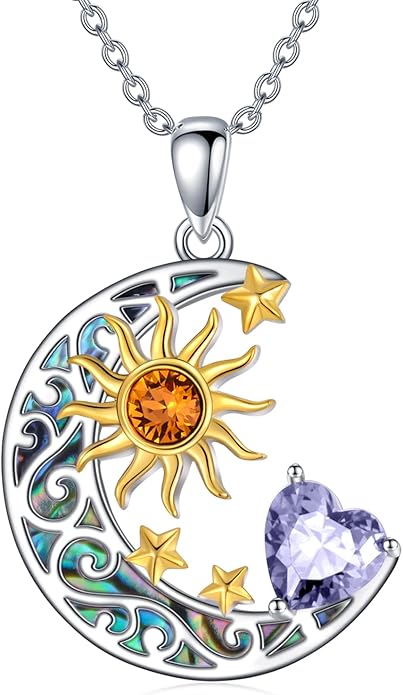 AOBOCO 925 Sterling Silver Sun and Moon Star Pendant Necklace with Simulated Birthstone, Birthday Christmas Jewelry Gift for Women Teen Girls