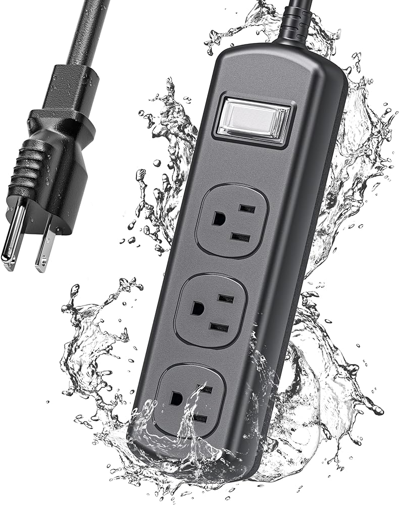 Outdoor Power Strip Weatherproof, 6 FT Extension Cord, Waterproof Surge Protector with 3 Wide Outlets, 1875W Overload Protection, Shockproof Outlet Extender for Kitchen Patio Christmas Lights, Black