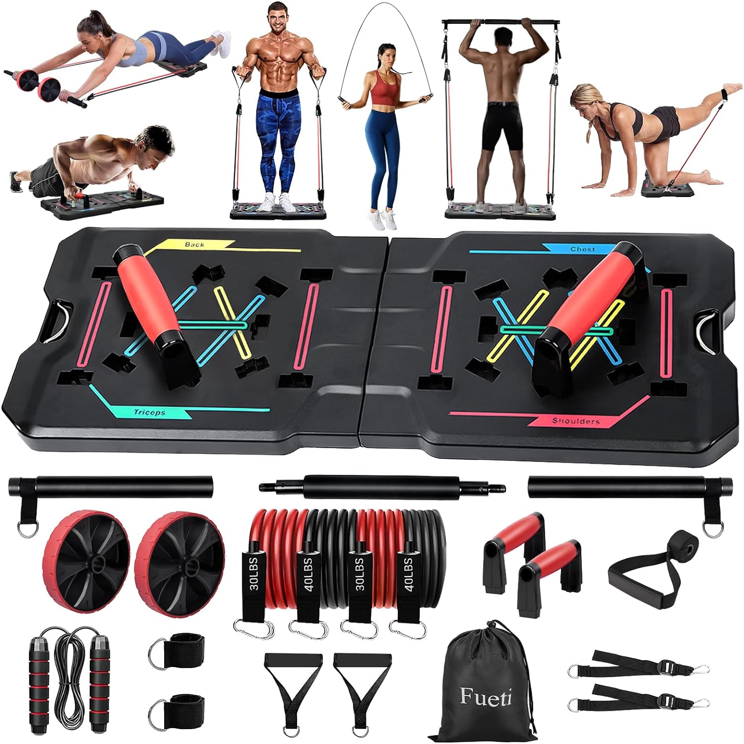 Home Gym Equipment, Large Compact Push Up Board, Portable Home Gym System with Pilates Bar, Resistance Band, Ab Roller Wheel, Full Body Workout at Home, Professional Push Up Strength Training