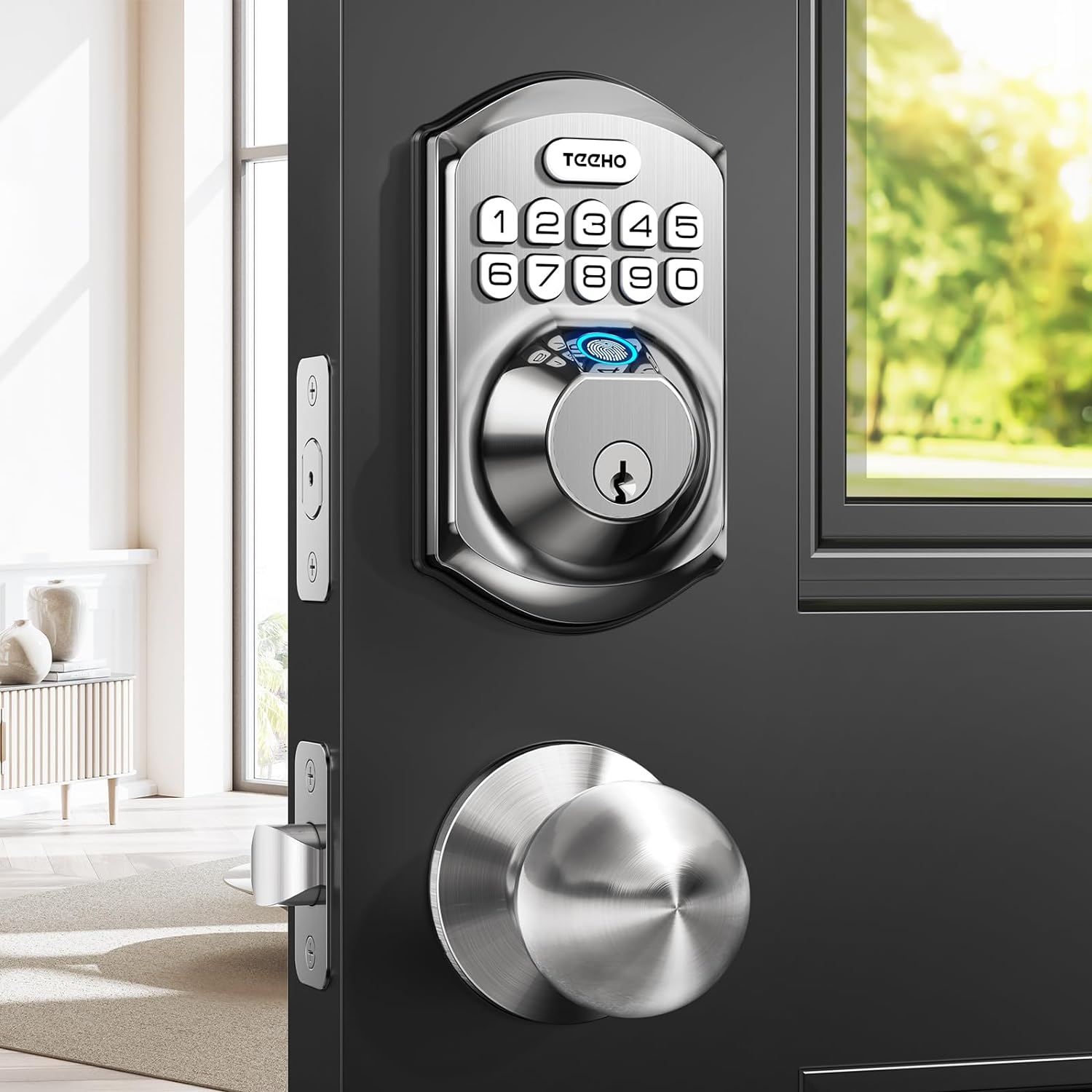 TEEHO TE002K Keyless Fingerprint Deadbolt Door Lock - Smart Lock with Handle and Keypad - Satin Nickel