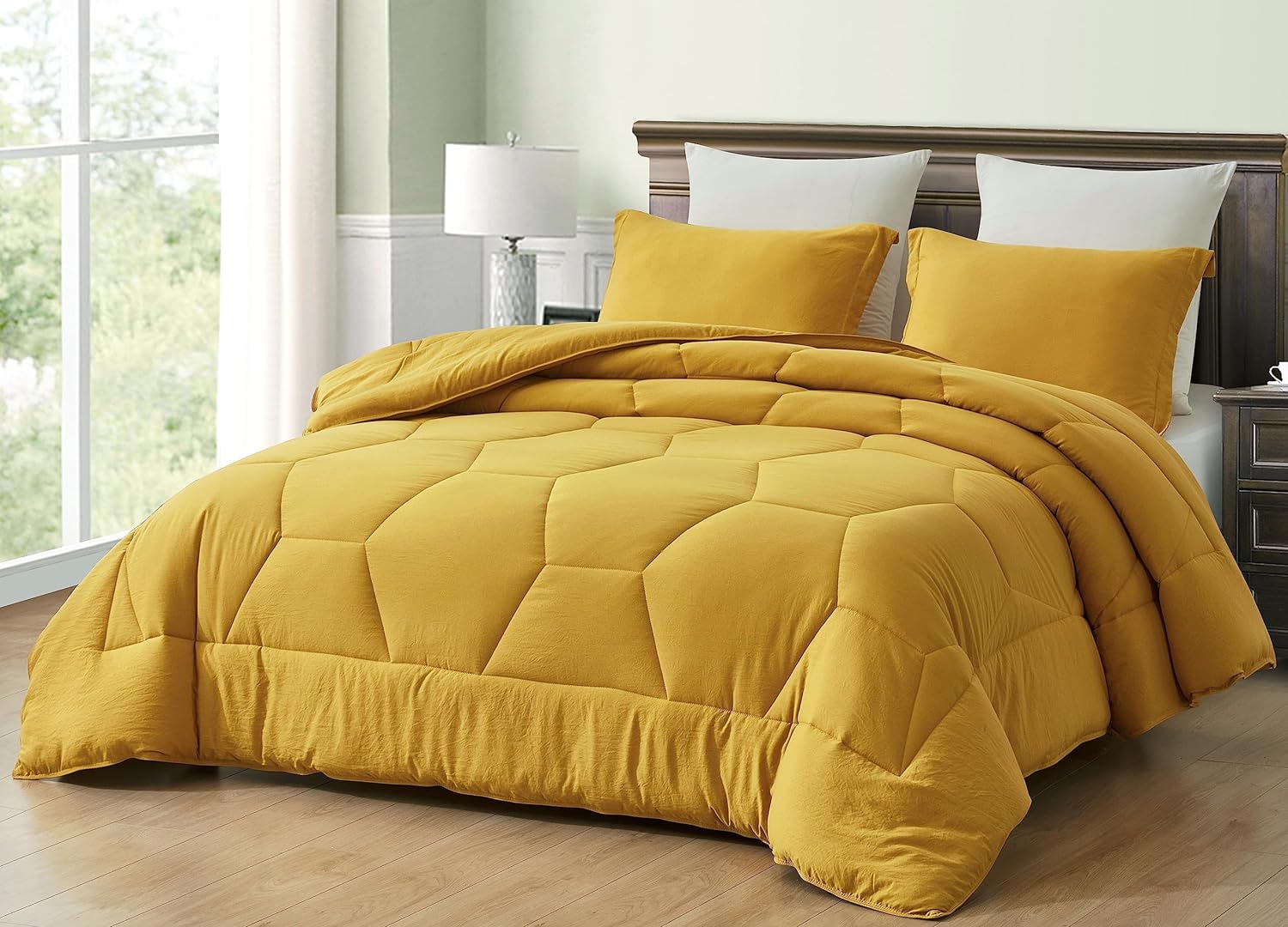 Chezmoi Collection Vero Mustard Yellow Comforter Set Oversized Queen Size 3-Piece Fluffy Soft Lightweight Bedding Honeycomb Geometric Quilted Stone-Washed Microfiber Comforter Set for All Season