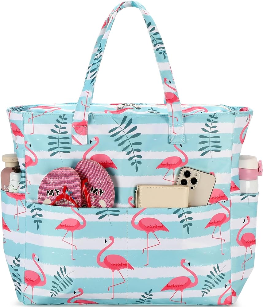 I bought this bag for a vacation on a cruise to the Bahamas and I am so glad I picked this one! It went daily to the pool and then to the beaches when we were docked. I could sit the bag on the sand and not worry about it getting dirty or wet. I was able to wipe any sand or dirt off the bottom and the outside is water resistant. My favorite thing about the bag are all of the pockets. There are pockets lined all the way around, as well as a secure waterproof pocket on the inside for money, phones and cards. This bag is large enough to carry items for 3 or 4 people. We had long walks from the dock to the beaches so it did get heavy, but I also have a habit of overpacking lol. We carried only that bag and just took turns carrying it. This bag can carry everything you could possibly need for a day at the beach and more. The price is great and the quality is better than I expected. Could also be used as a weekend bag or a diaper bag as well.