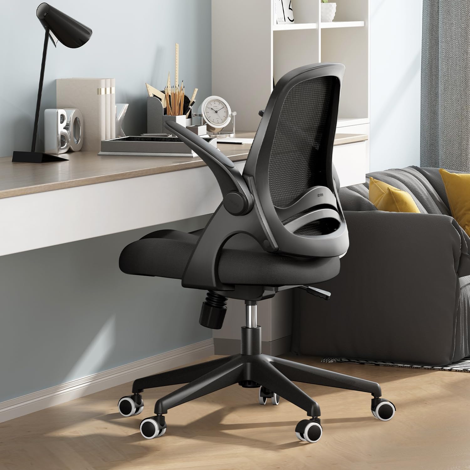 Hbada Office Chair, Desk Chair with Flip-Up Armrests and Saddle Cushion, Ergonomic Office Chair with S-Shaped Backrest, Swivel, Mesh, for Home and Office, Black