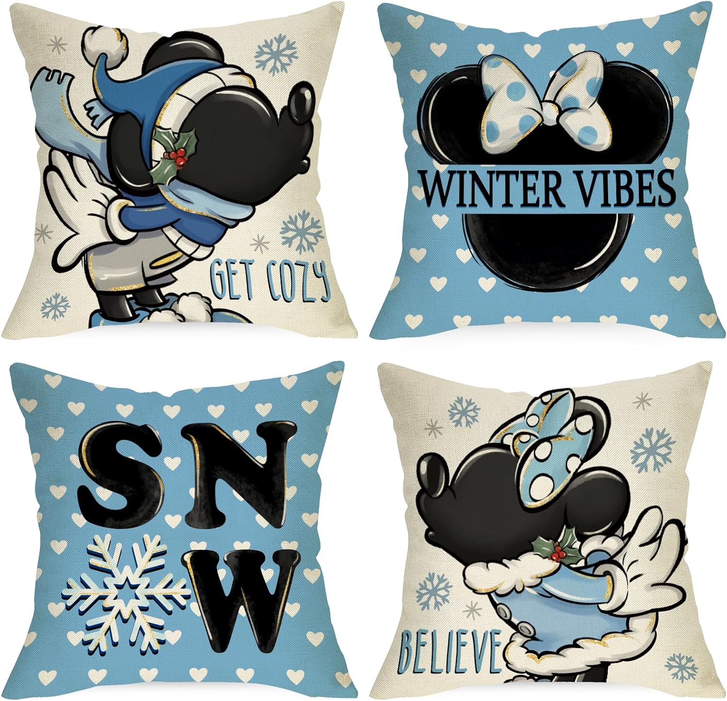 Winter Vibes Blue Decorative Throw Pillow Covers 18 x 18 Set of 4 Cartoon Mouse Love Heart Snow Get Cozy Believe Cushion Case Decor Seasonal Christmas Holiday Home Decoration for Sofa Couch