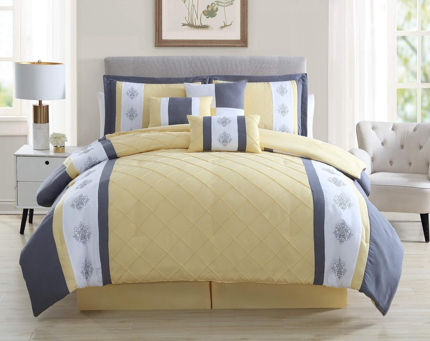 Chezmoi Collection Marion 7-Piece Medallion Embroidered Comforter Set - Diamond Pintuck Stripe - Queen, Yellow/Gray/White