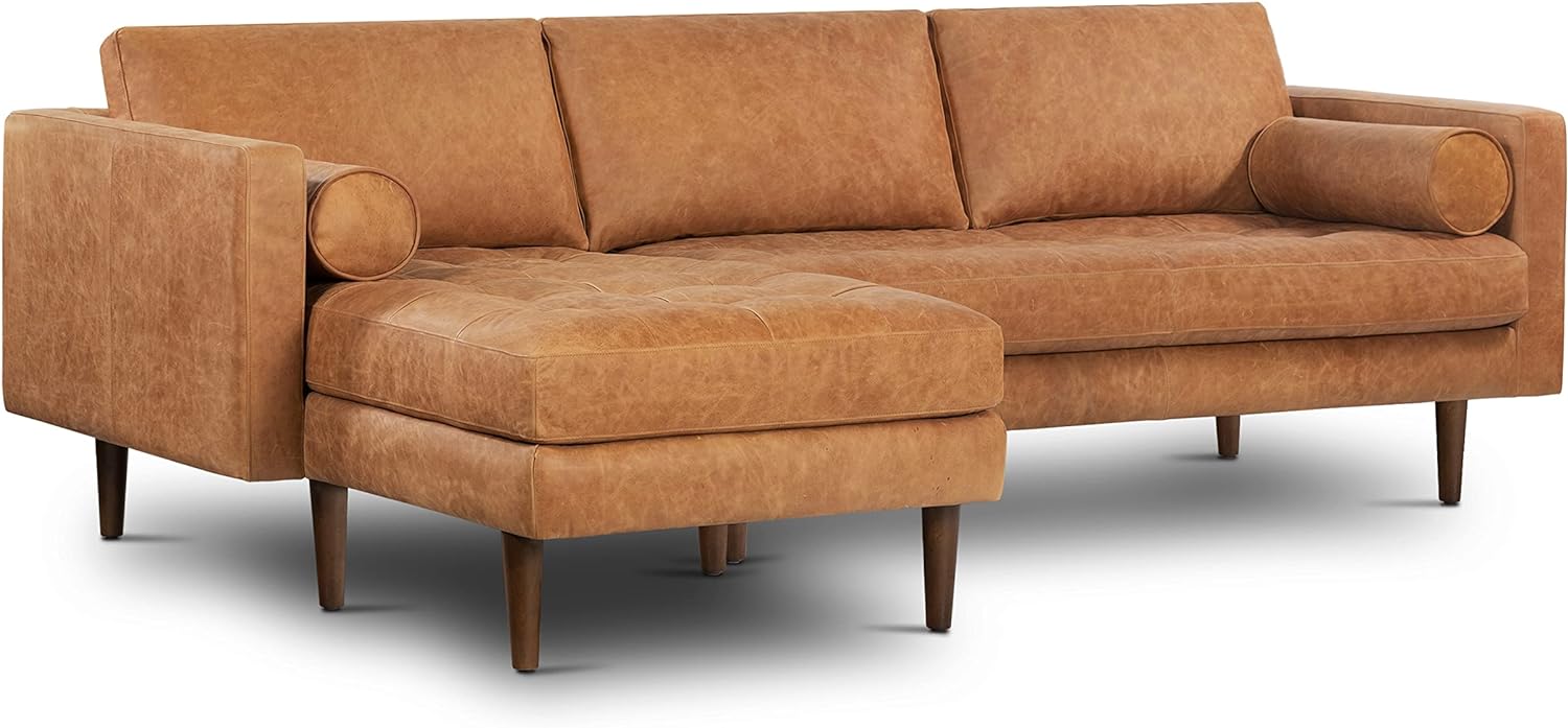 POLY & BARK Napa Leather Couch – Left-Facing Sectional Full Grain Leather Sofa with Tufted Back with Feather-Down Topper On Seating Surfaces – Pure-Aniline Italian Leather – Cognac Tan