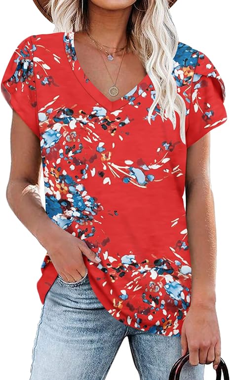 WNEEDU Womens T Shirts Petal Sleeve V Neck Casual Tees Summer Basic Tops