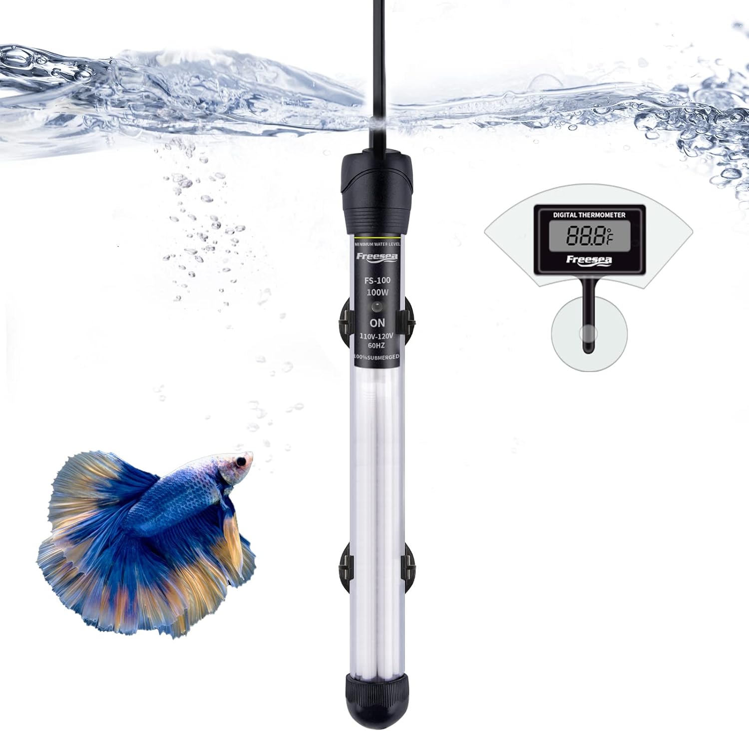 FREESEA Aquarium Fish Tank Heater: 100 Watt Submersible Betta Heater - Adjustable Thermostat with Thermometer for 15-25 Gallon Marine | Saltwater | Freshwater