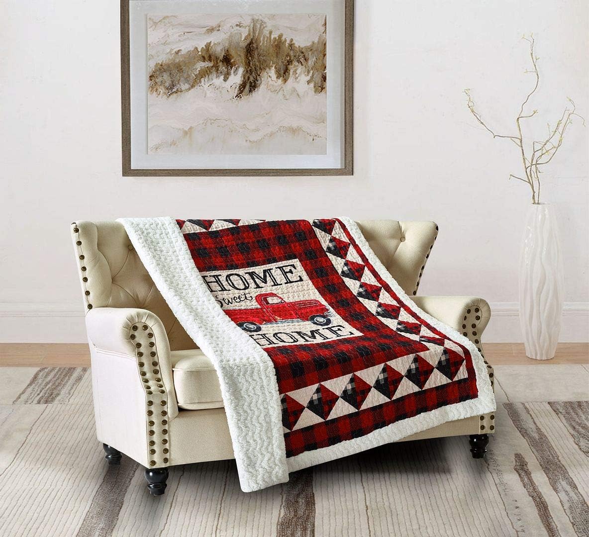 Virah Bella Quilted Country Sherpa Throw Blanket for Couch - 50" x 60" - Red Truck Home Sweet Home Plush Blanket