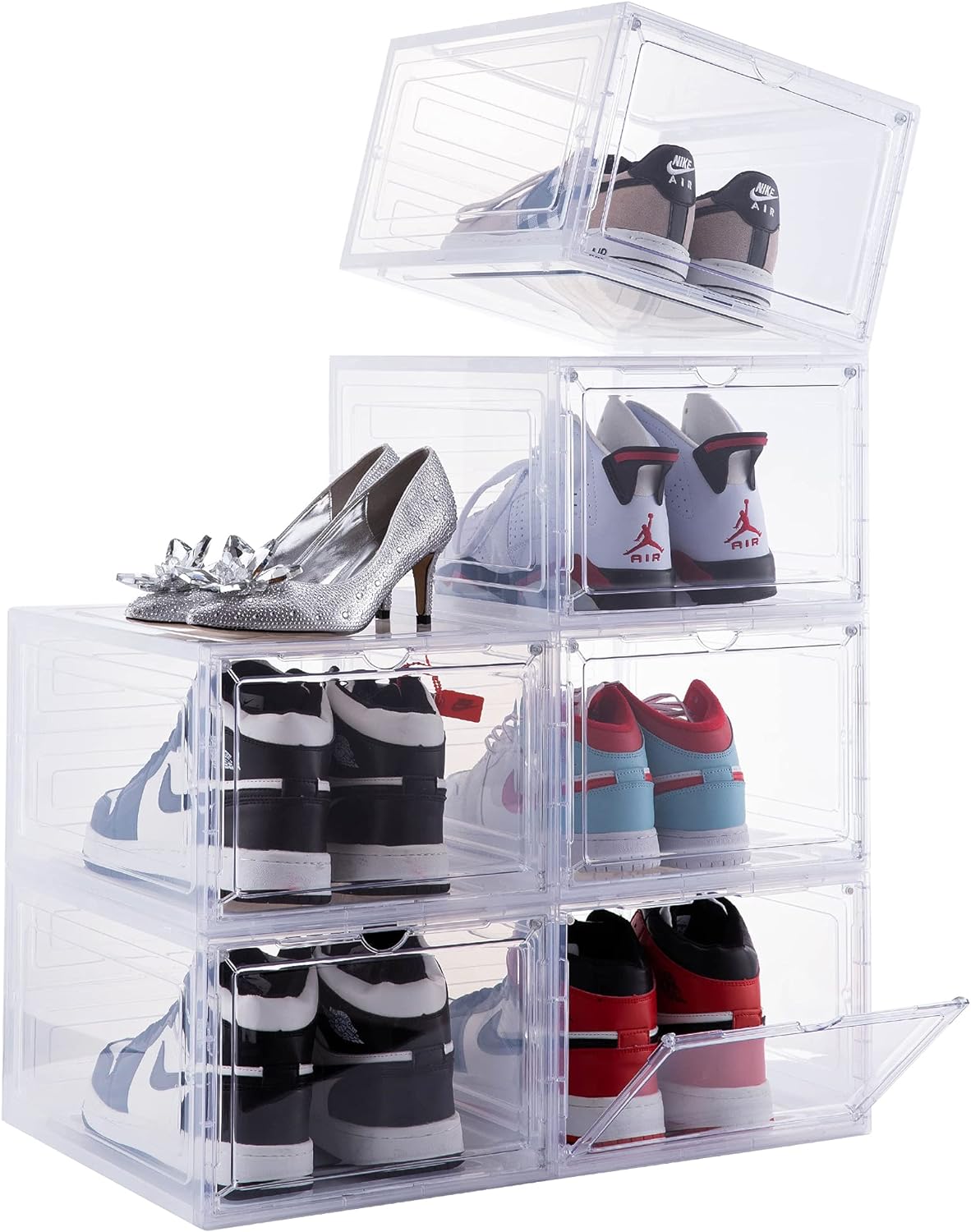 Attelite Drop Front Plastic Shoe Box with Clear Door,Set of 6,Stackable,For Display Sneakers,Easy Assembly,Fit up to US Size 12(13.4x 10.6x 7.4)